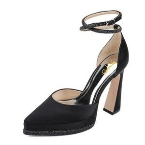 XYD Women's Pointed Toe Platforms Glamorous Crystal Ankle Wrap Strappy Block